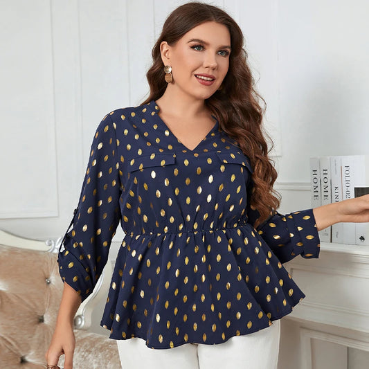 Plus Size Women's Elegant Long Sleeve Shirt Gold Polka Dots  ITEM DMOSSLS06