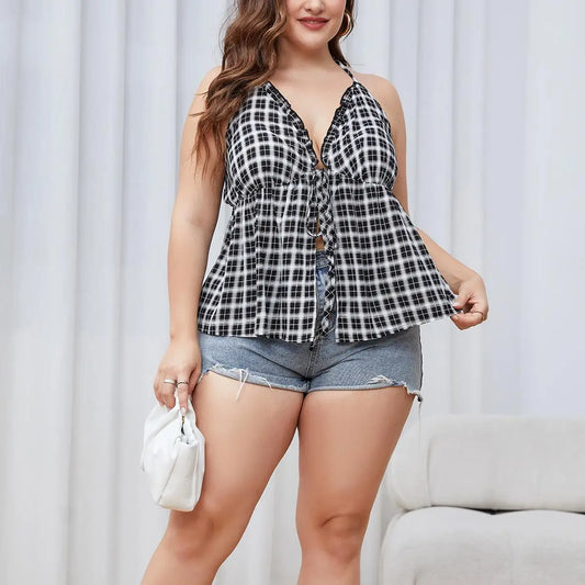 Women's open sleeveless top with checked pattern and laces ITEM EASSTNS01