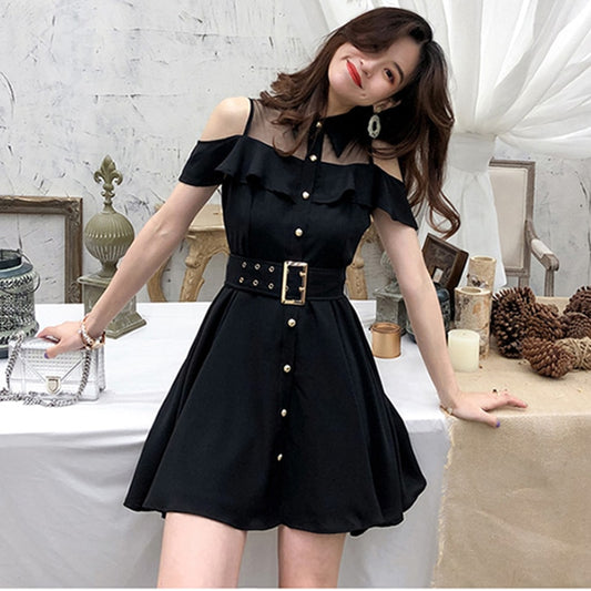 Black mini dress with belt and flounce ITEM AESDSSS01